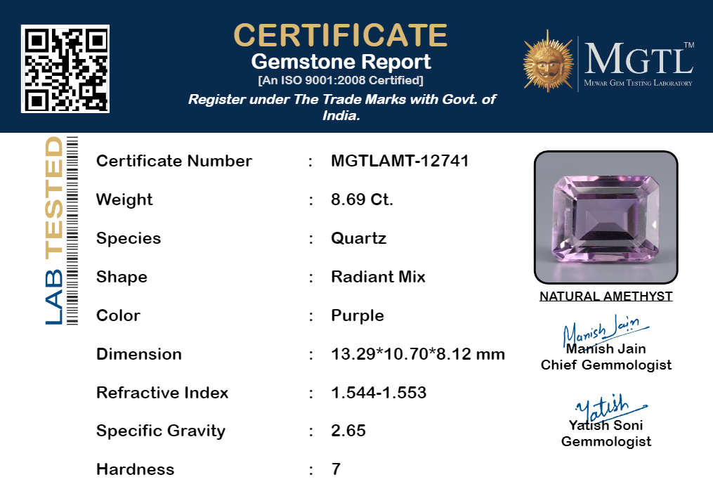 Amethyst - 8.69 Carats (Jamunia - 9.47 Ratti)