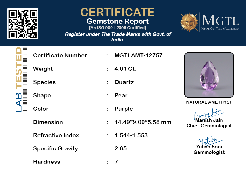 Amethyst - 4.01 Carats (Jamunia - 4.37 Ratti)
