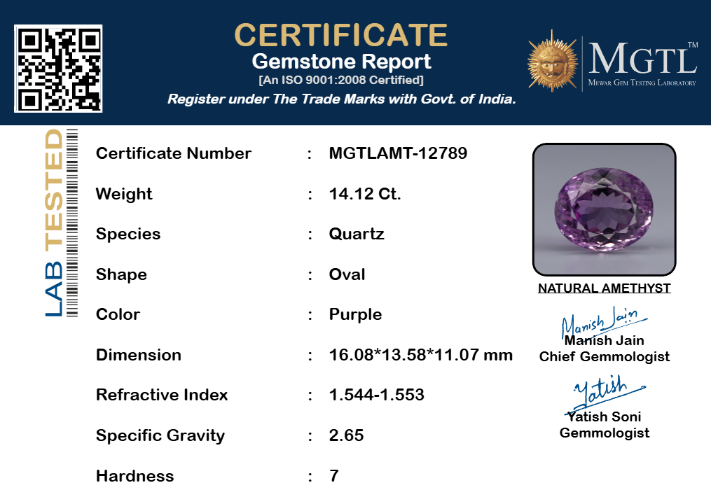 Amethyst - 14.12 Carats (Jamunia - 15.39 Ratti)