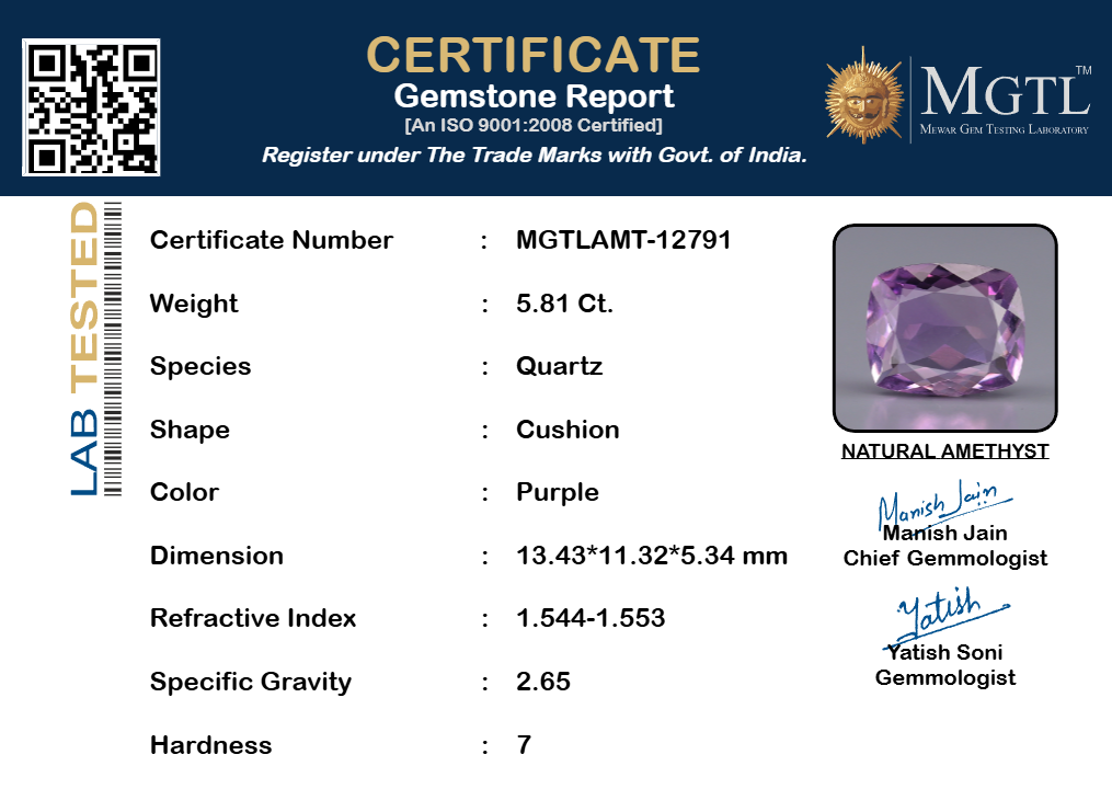 Amethyst - 5.81 Carats (Jamunia - 6.33 Ratti)