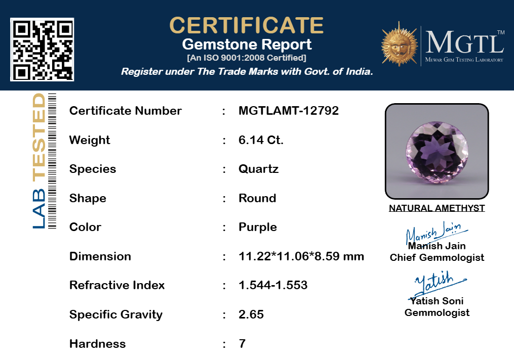 Amethyst - 6.14 Carats (Jamunia - 6.69 Ratti)
