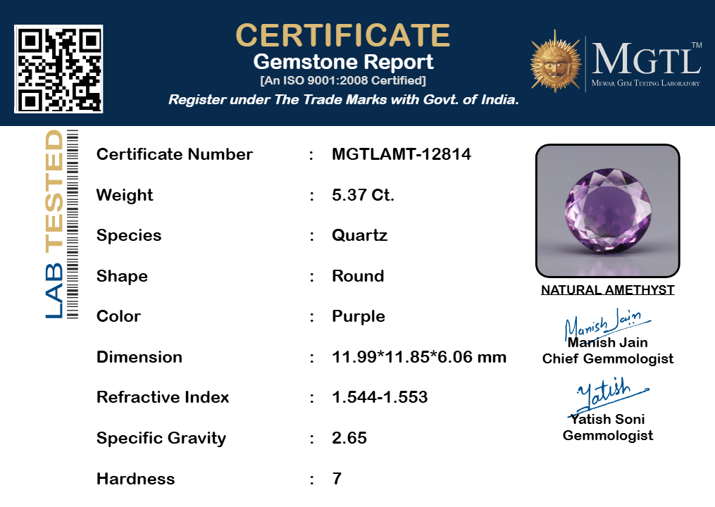 Amethyst - 5.37 Carats (Jamunia - 5.85 Ratti)