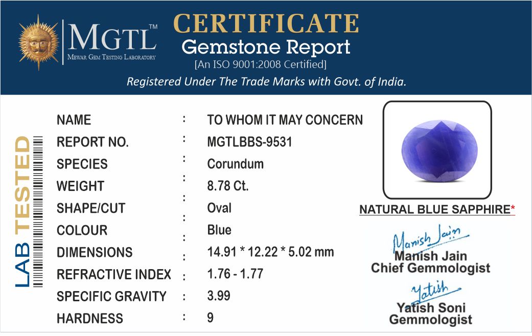 Blue Sapphire - 8.78 Carats (Neelam - 9.57 Ratti)