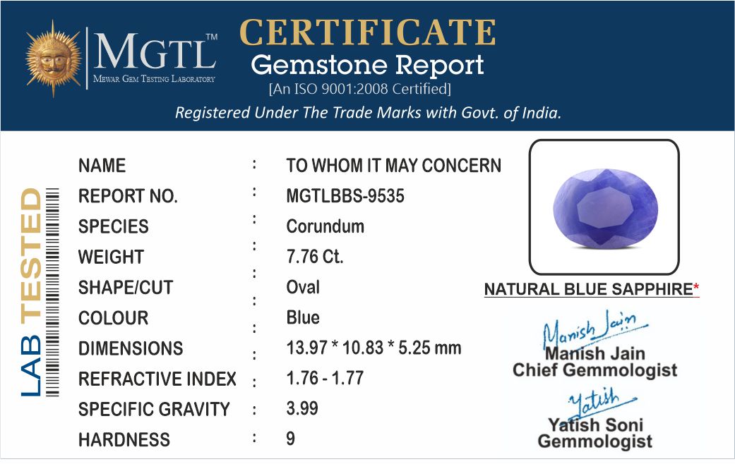 Blue Sapphire - 7.76 Carats (Neelam - 8.46 Ratti)
