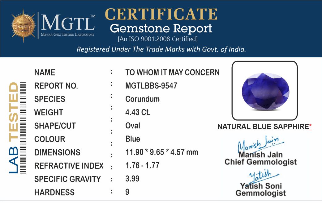 Blue Sapphire - 4.43 Carats (Neelam - 4.83 Ratti)