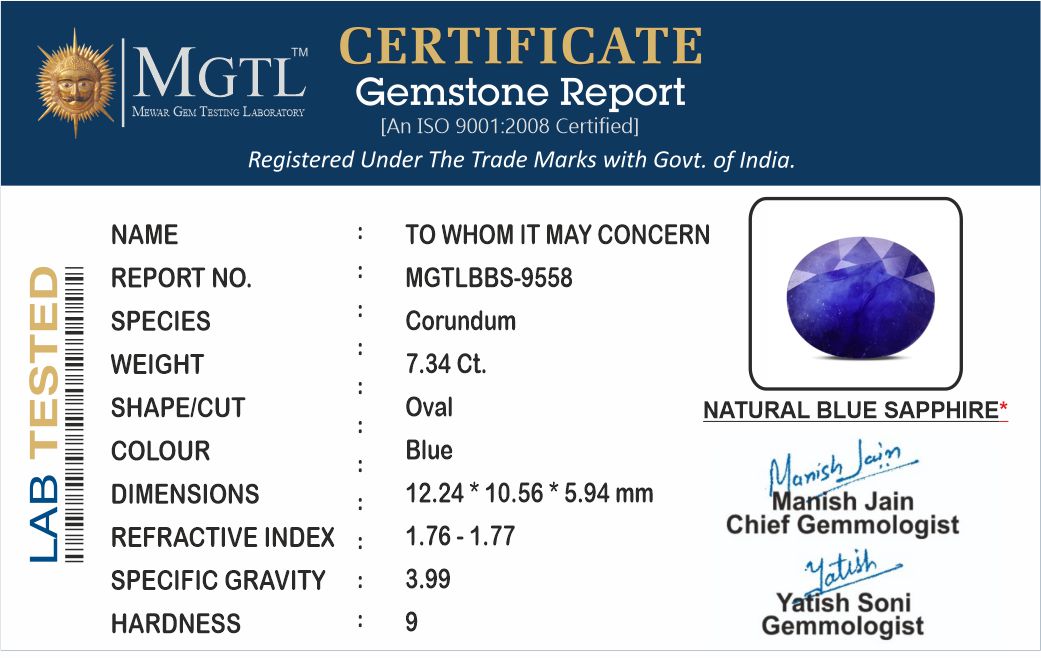7.34 Carats Oval Blue Sapphire