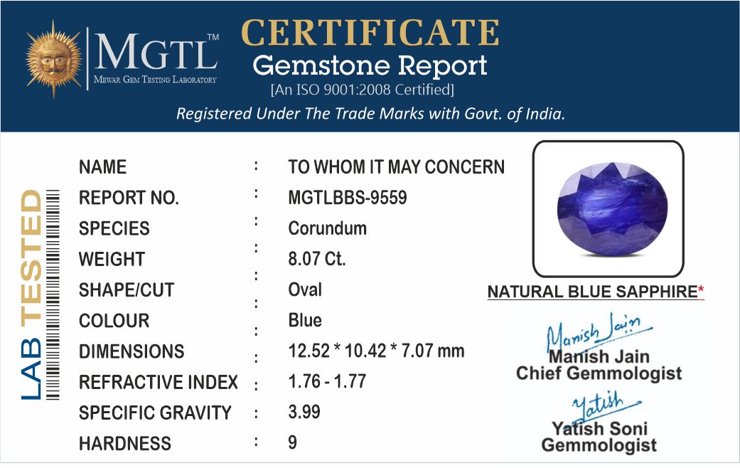 Blue Sapphire - 8.07 Carats (Neelam - 8.80 Ratti)