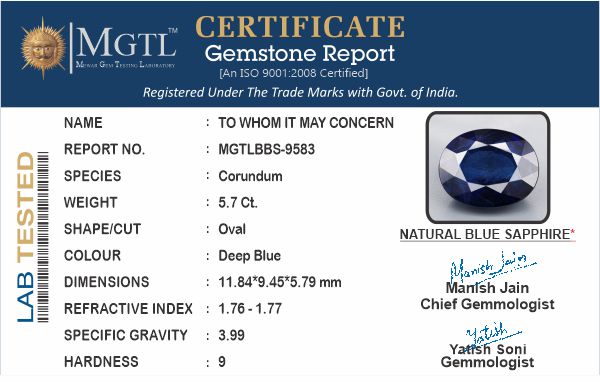 Blue Sapphire (Neelam) - 5.70 Carats
