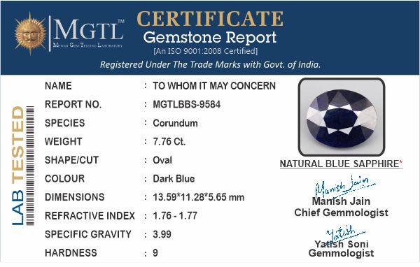 Blue Sapphire (Neelam) - 7.76 Carats