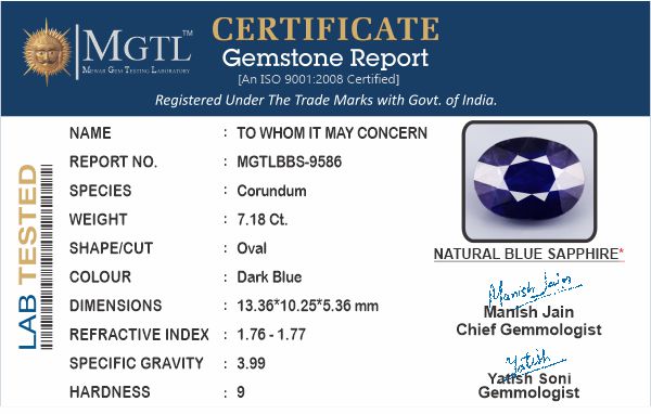 Blue Sapphire (Neelam) - 7.18 Carats