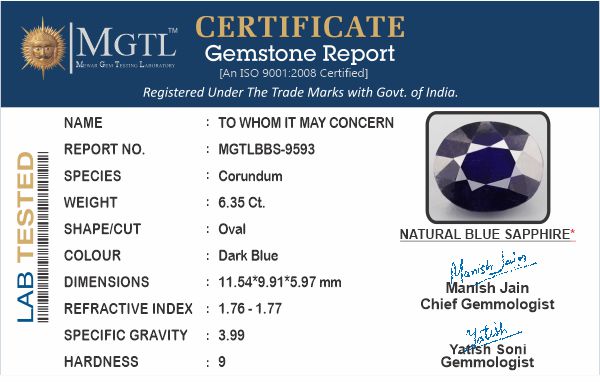 Blue Sapphire - 6.35 Carats (Neelam - 6.92 Ratti)