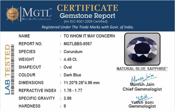 Blue Sapphire (Neelam) - 4.49 Carats
