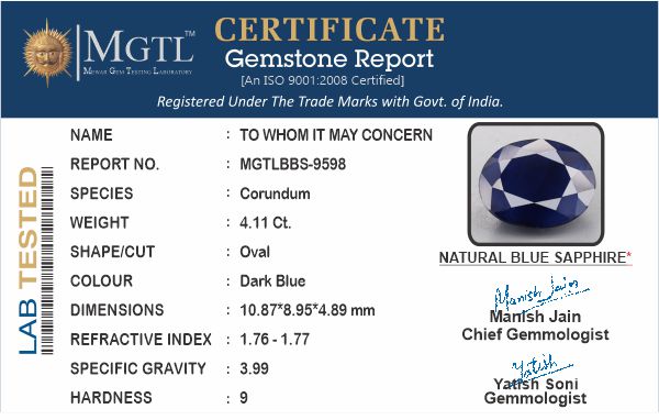 Blue Sapphire - 4.11 Carats (Neelam - 4.48 Ratti)