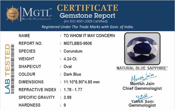 Blue Sapphire (Neelam) - 4.24 Carats