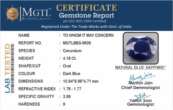 Blue Sapphire - 4.16 Carats (Neelam - 4.53 Ratti)