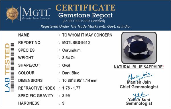 Blue Sapphire (Neelam) - 3.54 Carats