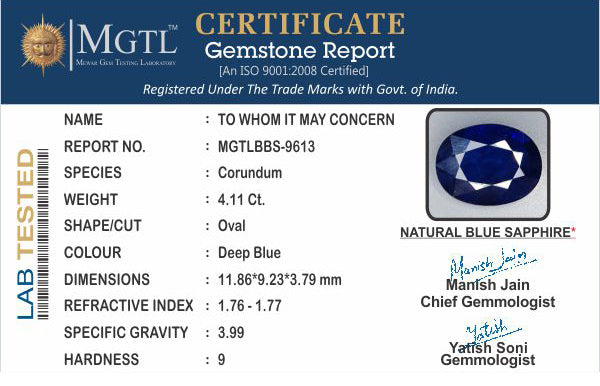 Blue Sapphire - 4.11 Carats (Neelam - 4.48 Ratti)