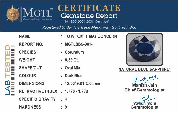 Blue Sapphire - 6.39 Carats (Neelam - 6.97 Ratti)