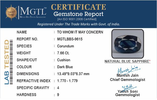 Blue Sapphire (Neelam) - 7.66 Carats