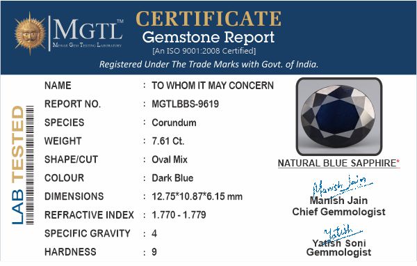 Blue Sapphire - 7.61 Carats (Neelam - 8.29 Ratti)