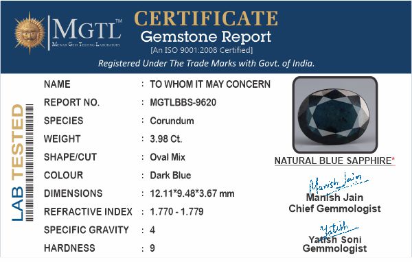 Blue Sapphire - 3.98 Carats (Neelam - 4.34 Ratti)