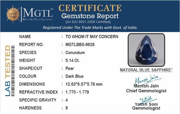 Blue Sapphire - 5.14 Carats (Neelam - 5.60 Ratti)