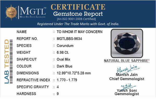 Blue Sapphire - 6.98 Carats (Neelam - 7.61 Ratti)