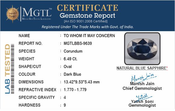 Blue Sapphire - 6.49 Carats (Neelam - 7.07 Ratti)