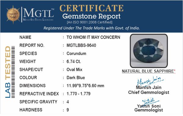Blue Sapphire - 6.74 Carats (Neelam - 7.35 Ratti)