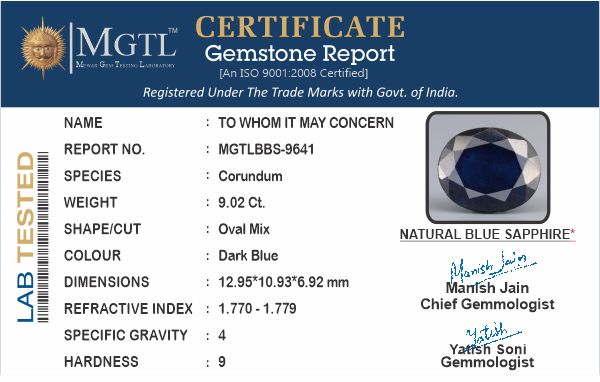 Blue Sapphire - 9.02 Carats (Neelam - 9.83 Ratti)