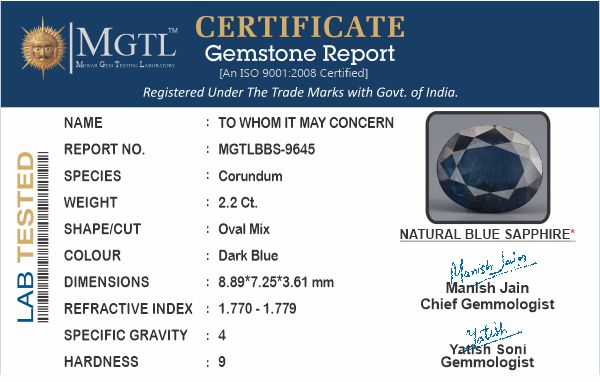 Blue Sapphire - 2.2 Carats (Neelam - 2.40 Ratti)