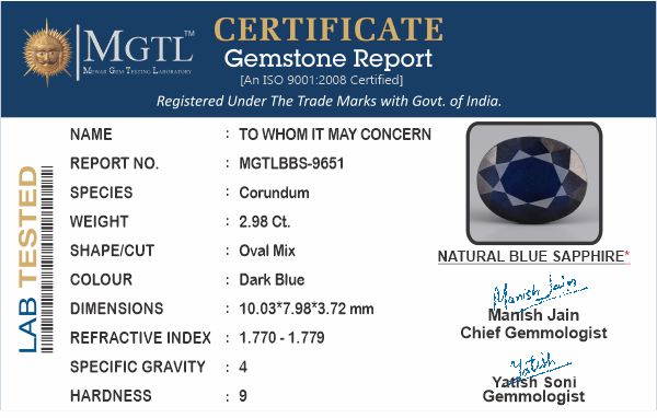 Blue Sapphire - 2.98 Carats (Neelam - 3.25 Ratti)