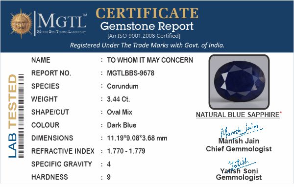 Blue Sapphire - 3.44 Carats (Neelam - 3.75 Ratti)