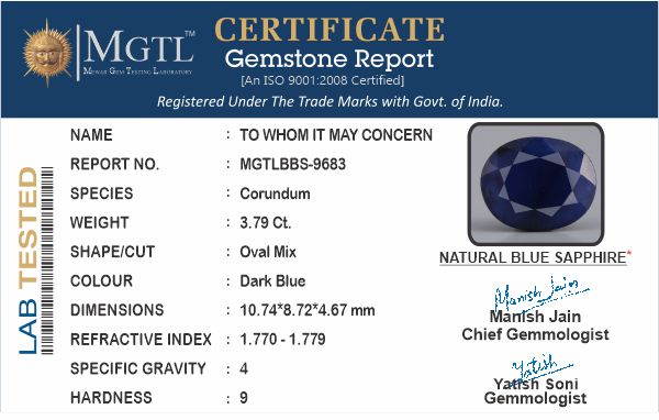 Blue Sapphire (Neelam) - 3.79 Carats