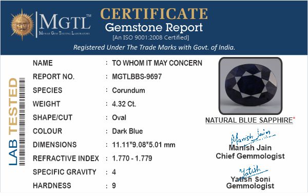 Blue Sapphire - 4.32 Carats (Neelam - 4.71 Ratti)