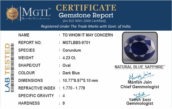 Blue Sapphire - 4.23 Carats (Neelam - 4.61 Ratti)