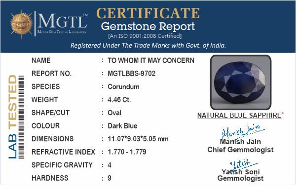 Blue Sapphire - 4.46 Carats (Neelam - 4.86 Ratti)