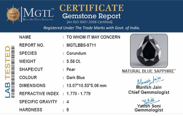 Blue Sapphire - 5.58 Carats (Neelam - 6.08 Ratti)