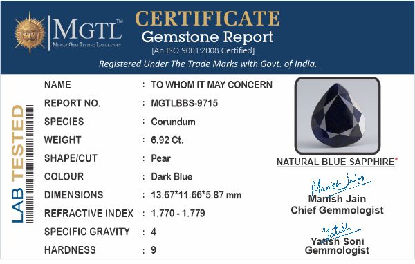 Blue Sapphire (Neelam) - 6.92 Carats