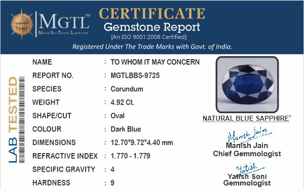 Blue Sapphire - 4.92 Carats (Neelam - 5.36 Ratti)