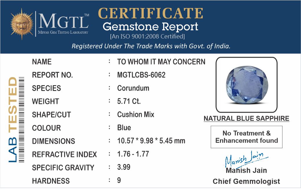 Blue Sapphire - 5.71 Carats (Neelam - 6.22 Ratti)