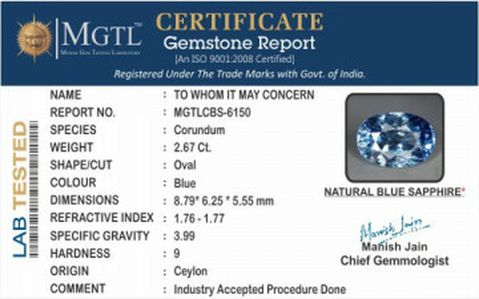 Blue Sapphire - 2.67 Carats (Neelam - 2.91 Ratti)