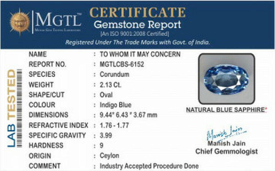 Blue Sapphire - 2.13 Carats (Neelam - 2.32 Ratti)