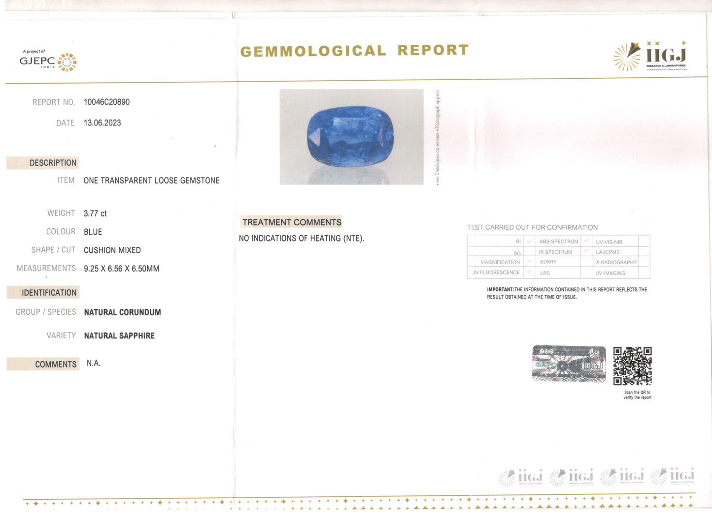 3.78 Carats Cushion Blue Sapphire