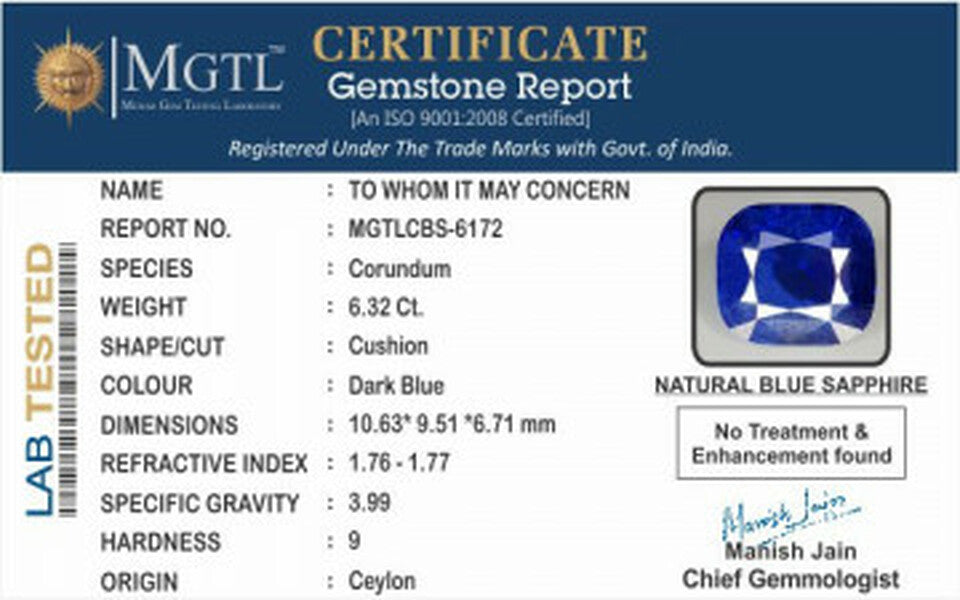 Blue Sapphire - 6.32 Carats (Neelam - 6.89 Ratti)