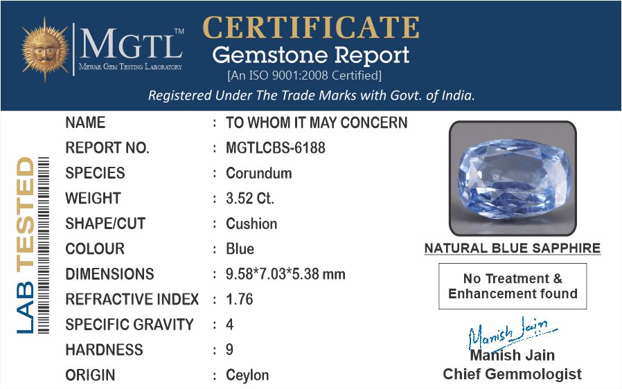 Blue Sapphire - 3.52 Carats (Neelam - 3.84 Ratti)