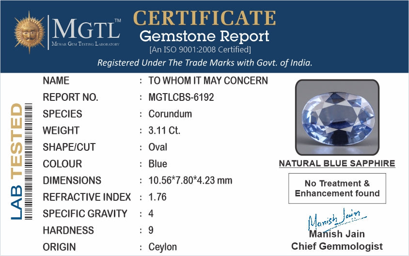 Blue Sapphire - 3.11 Carats (Neelam - 3.39 Ratti)
