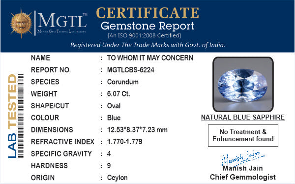 Blue Sapphire - 6.07 Carats (Neelam - 6.62 Ratti)
