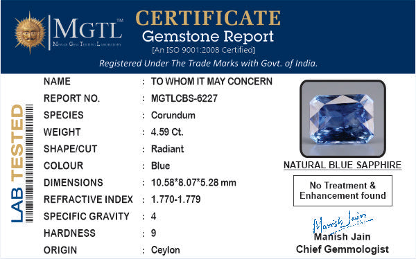 4.59 Carats Octagon Blue Sapphire