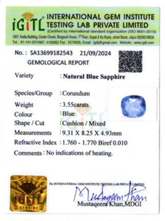 Blue Sapphire - 3.55 Carats (Neelam - 3.87 Ratti)